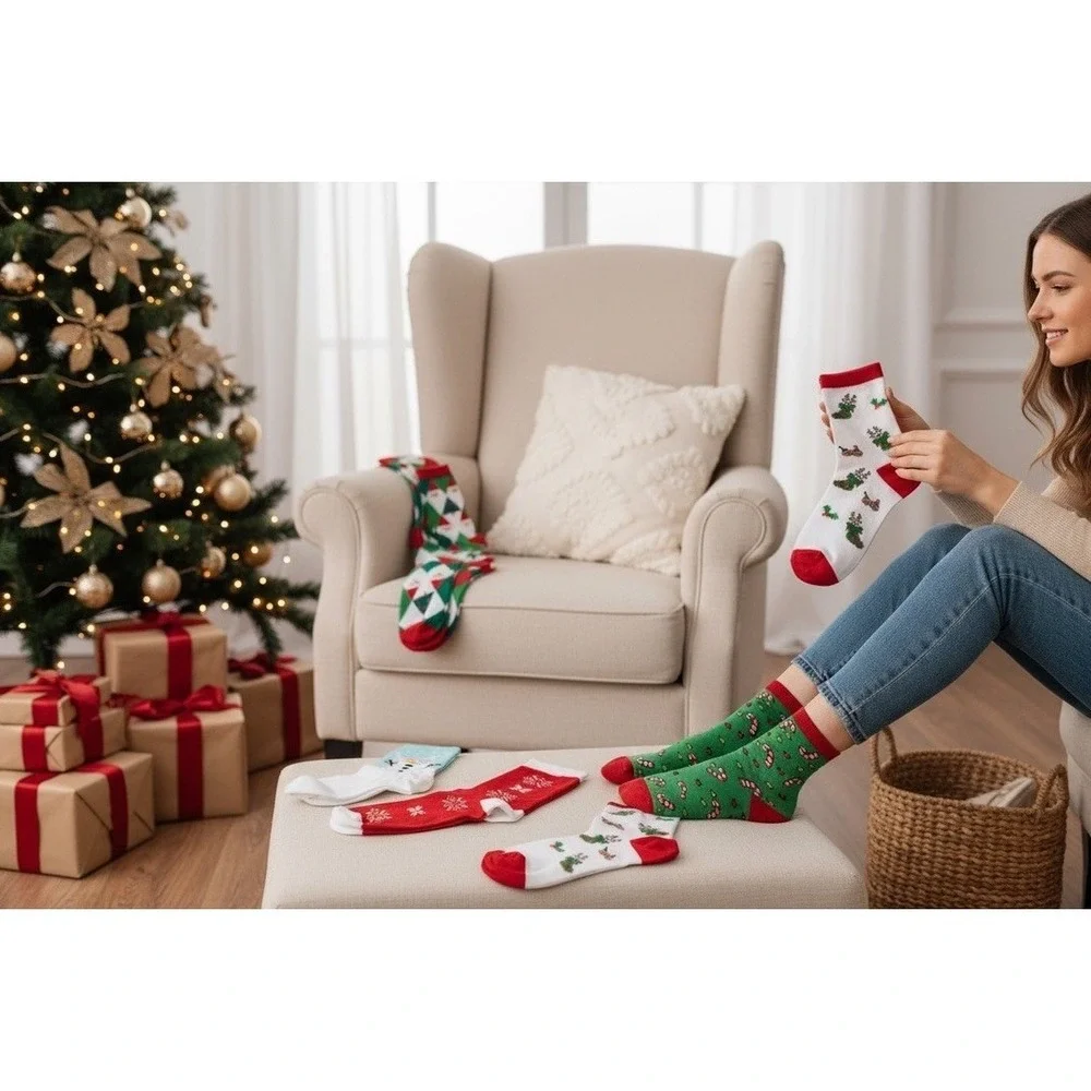 Novelty Christmas Knit Socks 5.5-9 US Holiday Snowflakes Unisex Soft Cozy‎ NEW
